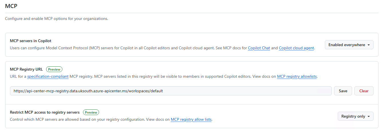 GitHub Enterprise — AI Controls MCP registry setting