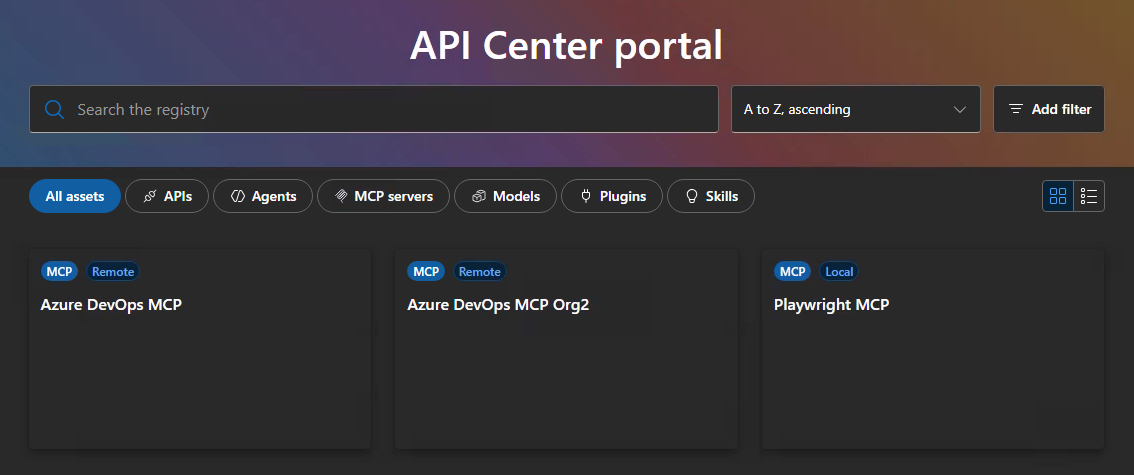 API Center portal — MCP catalogue