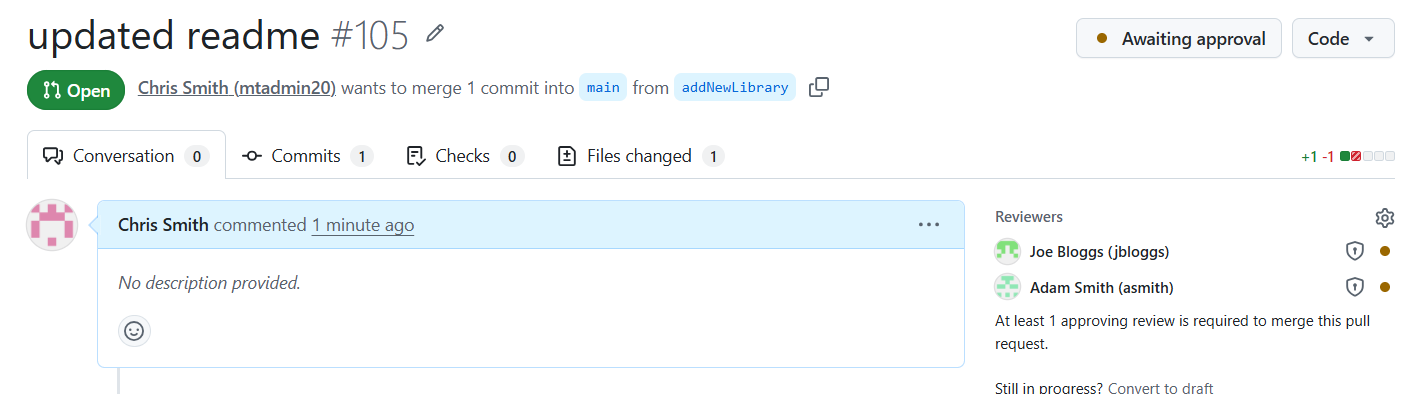 PR showing auto-requested review from CODEOWNERS, redacted