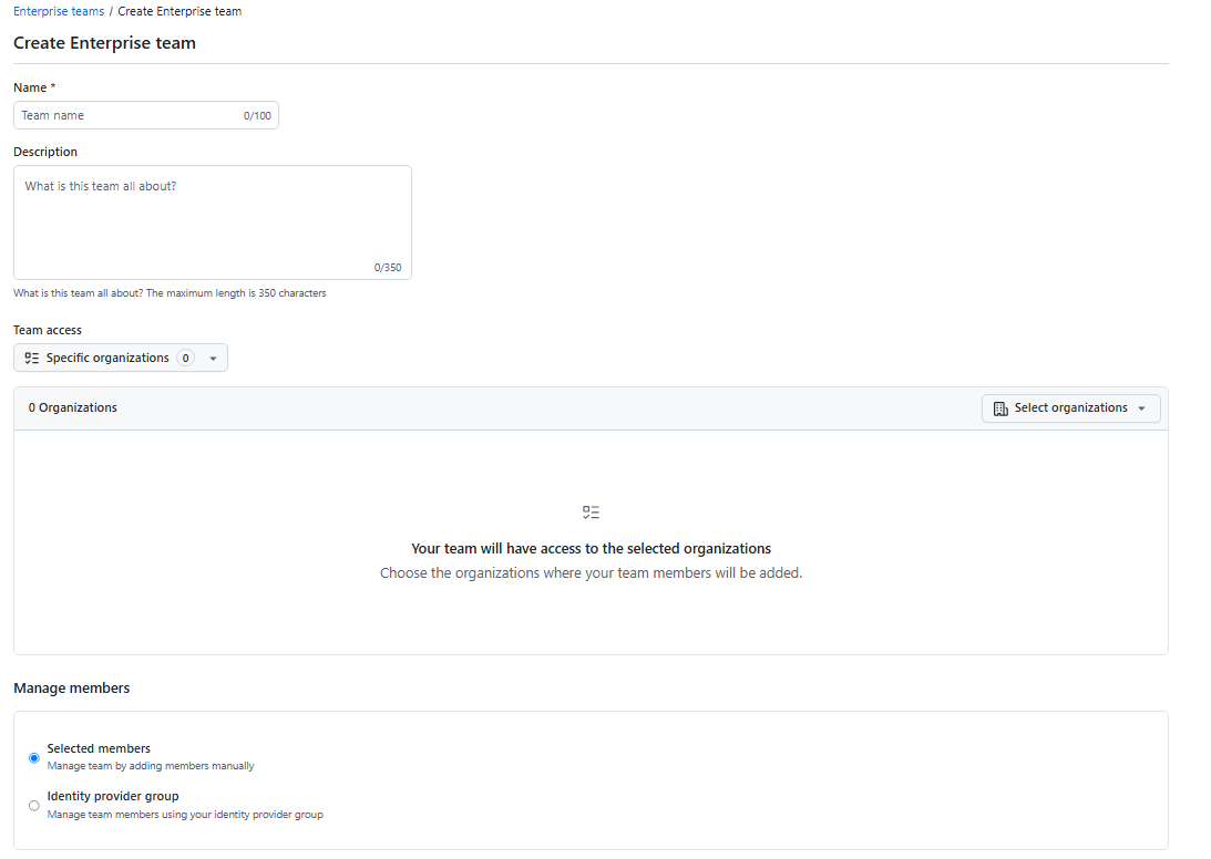 Creating/configuring an enterprise team