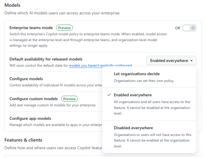 Enterprise model availability dropdown, redacted