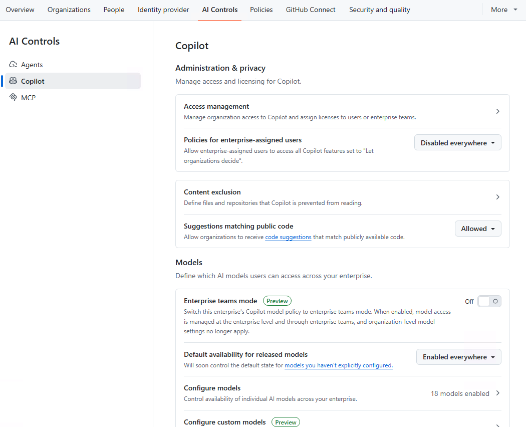 Enterprise Copilot policy screen, redacted