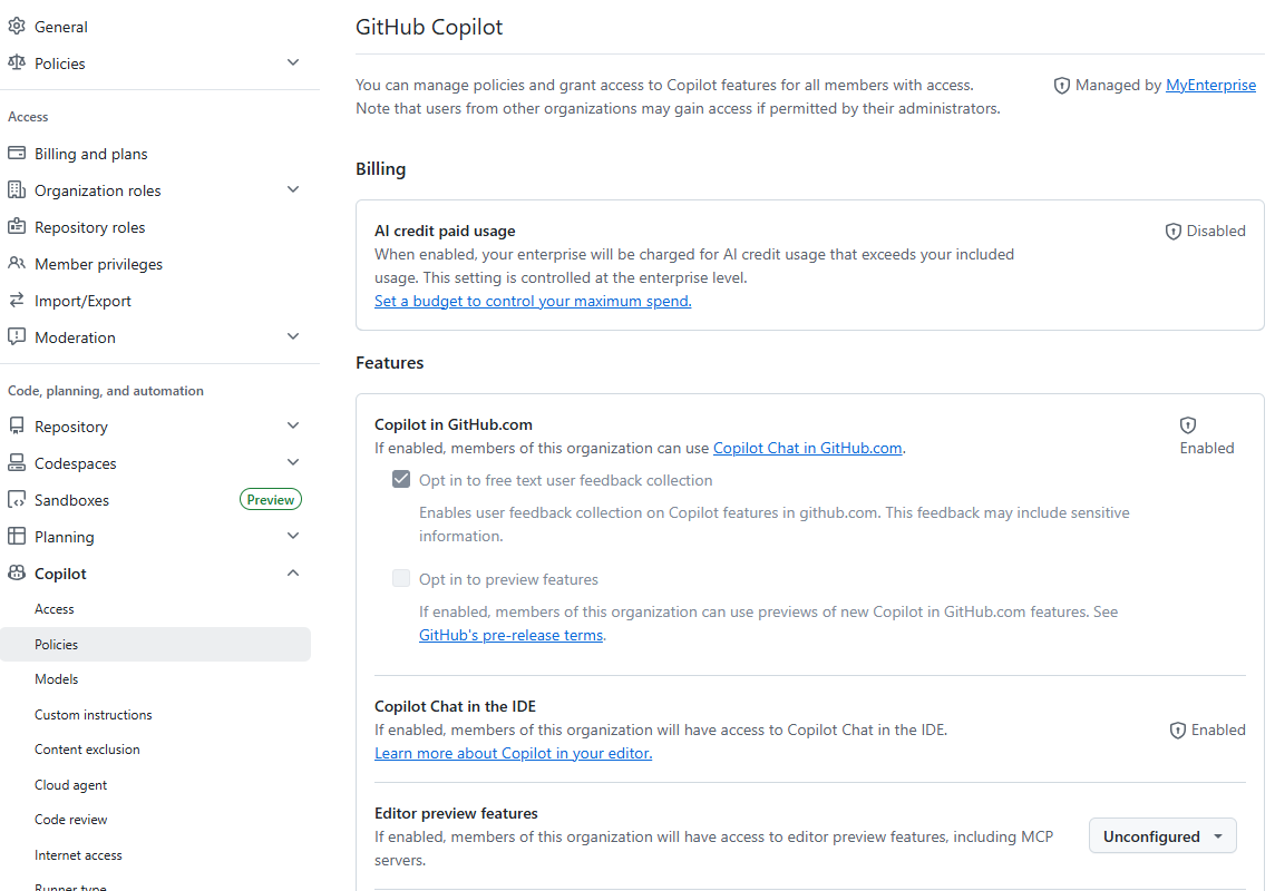 Org-level Copilot policy screen, redacted